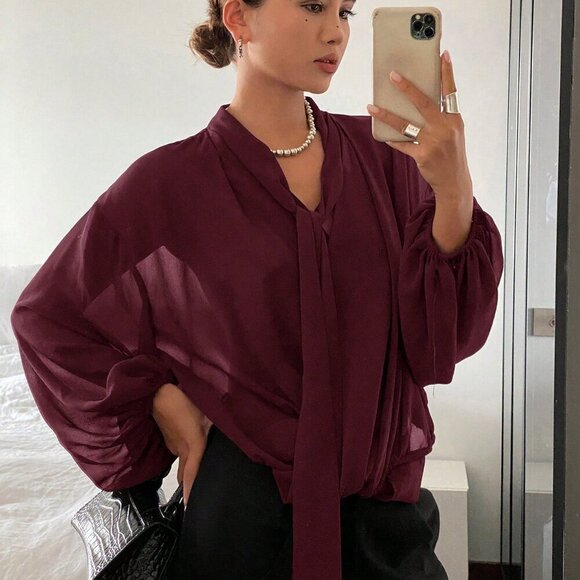Burgundy Casual Women's Loose Fit Long Sleeve Tie Blouse - Picture 3 of 6